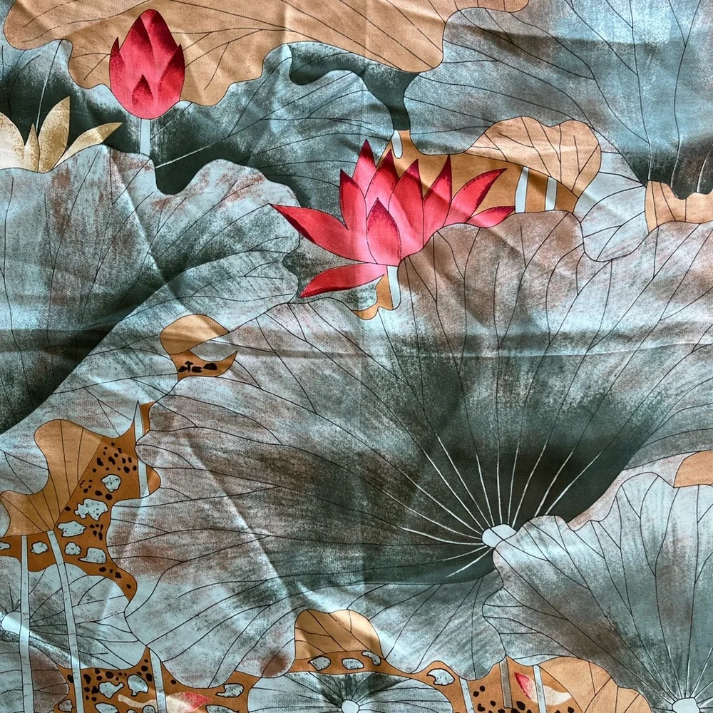 100% Silk Scarf Asian Lotus Duck Design 33x34.5” - Picture 6 of 10